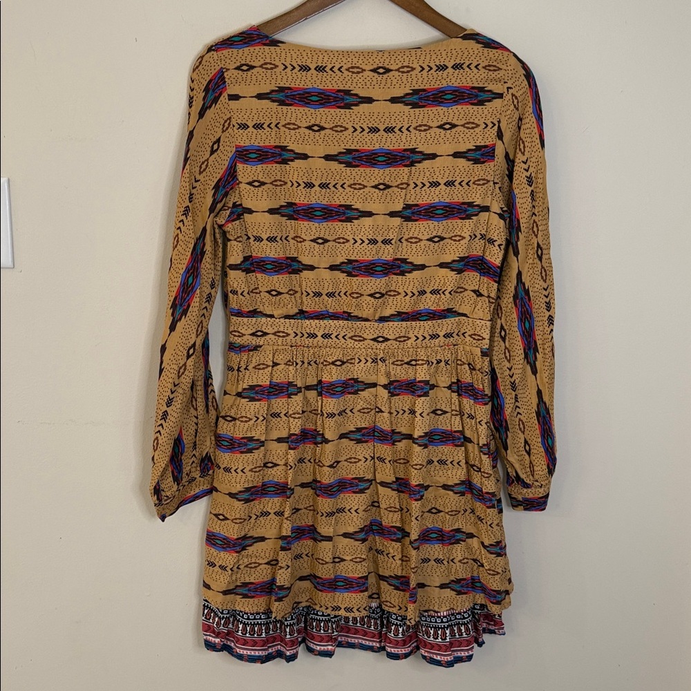 Freeway Mustard Yellow Aztec Print Mini Dress with Blue and Pink Accents - Picture 2 of 9